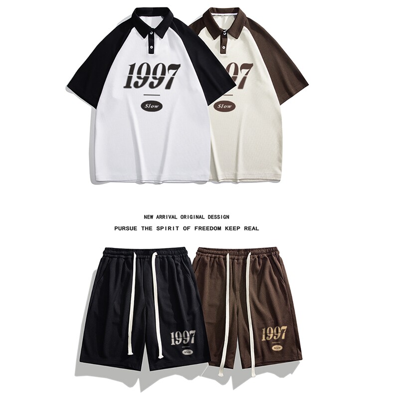 白底夏季新款港风情侣百搭拼色短袖polo休闲套装TZ1186P65控88，男装休闲套装，电商A247-1