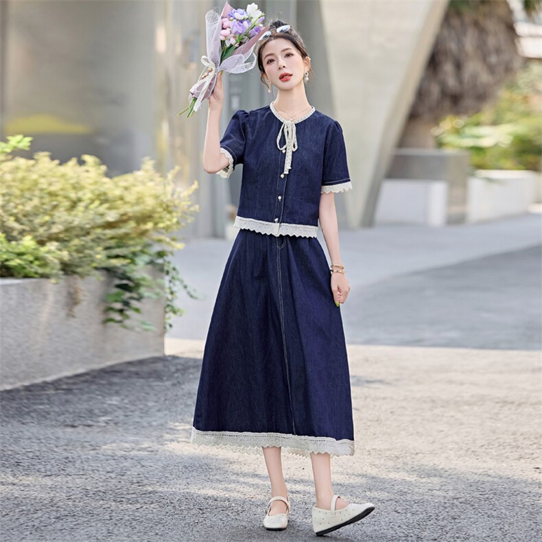 薄款牛仔巨好看的套装女2025夏季高级感泡泡袖上衣半身裙两件套潮,女装套装/套裙,尚洛菲