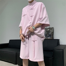 XZ2449-TP50不控价夏季新中式冰丝五分袖衬衫短裤男士休闲两件套，男装衬衫，电商A102-1