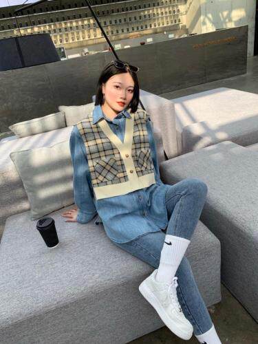 春季新款格子牛仔拼接衬衣，女装，爱娜.悦儿