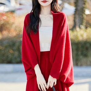 100%纯羊毛披肩开衫女春秋款V领针织斗篷毛衣宽松蝙蝠袖外搭上衣图片