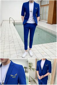 夏季印花七分袖西服套装男中袖短袖西装九分裤A470-TZ02图片
