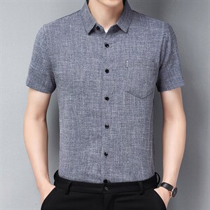 2023新款男装夏季高档男士风亚麻衬衫中年爸爸装短袖衬衣图片