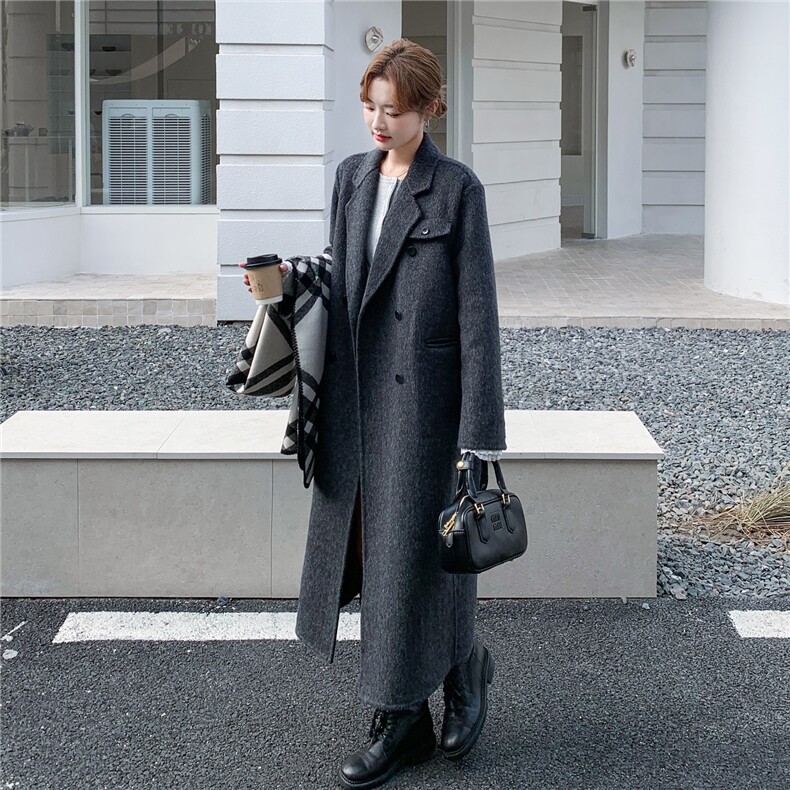 灰色西装领双面羊绒大衣女2025冬新款高级感经典大气长款毛呢外套,女装羊绒大衣,2C168