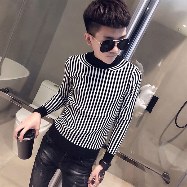 社会精神小伙半高领毛衣修身条纹针织衫线衣502-MY09-特,男装针织衫/毛衣,电商A343