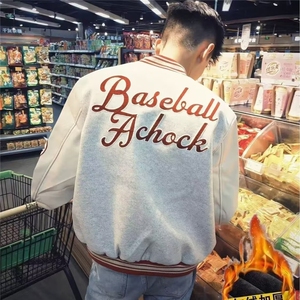 现货 美式复古白灰色PU皮拼接刺绣夹棉棒球服男女JK0879/P80图片
