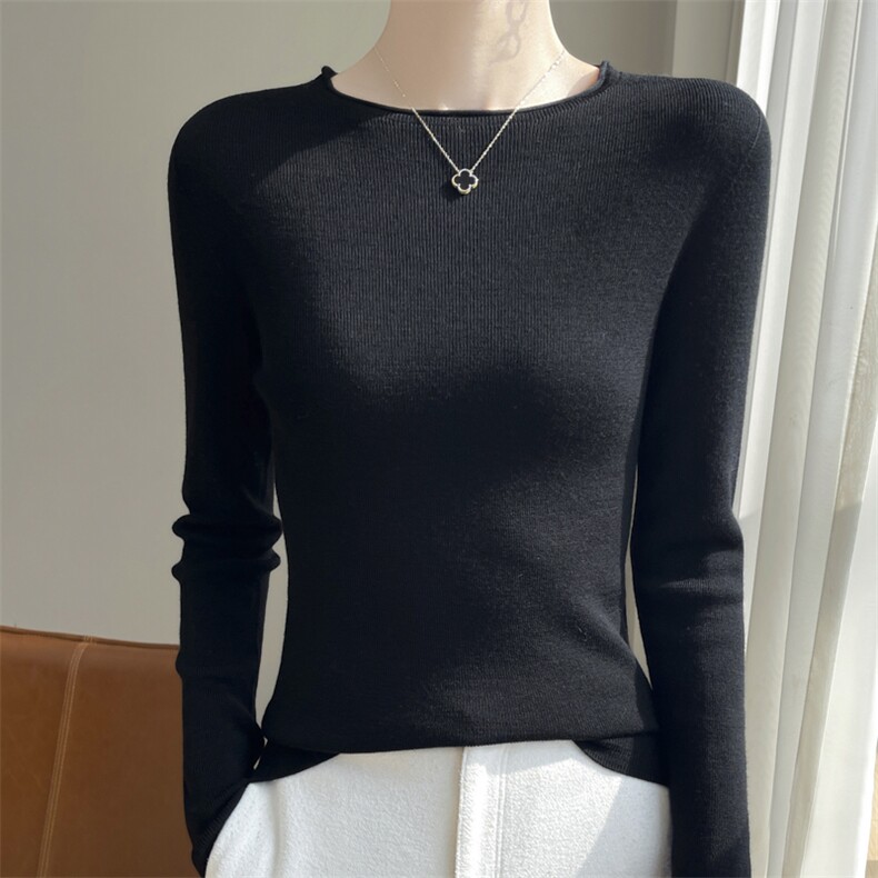 无缝圆领针织打底衫女2025新款60支纯羊毛洋气保暖内搭卷边毛衣，女装羊毛衫，凯思米羊绒