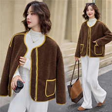 撞色包边圆领羊羔毛外套女2025冬季加厚保暖宽松皮毛一体棉服上衣，女装羊羔毛/颗粒绒，魅影