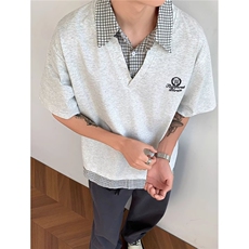 美式复古假两件POLO衫男女夏季新款V领格子拼接短袖上衣TA65-P50，男装T恤，星座208-5