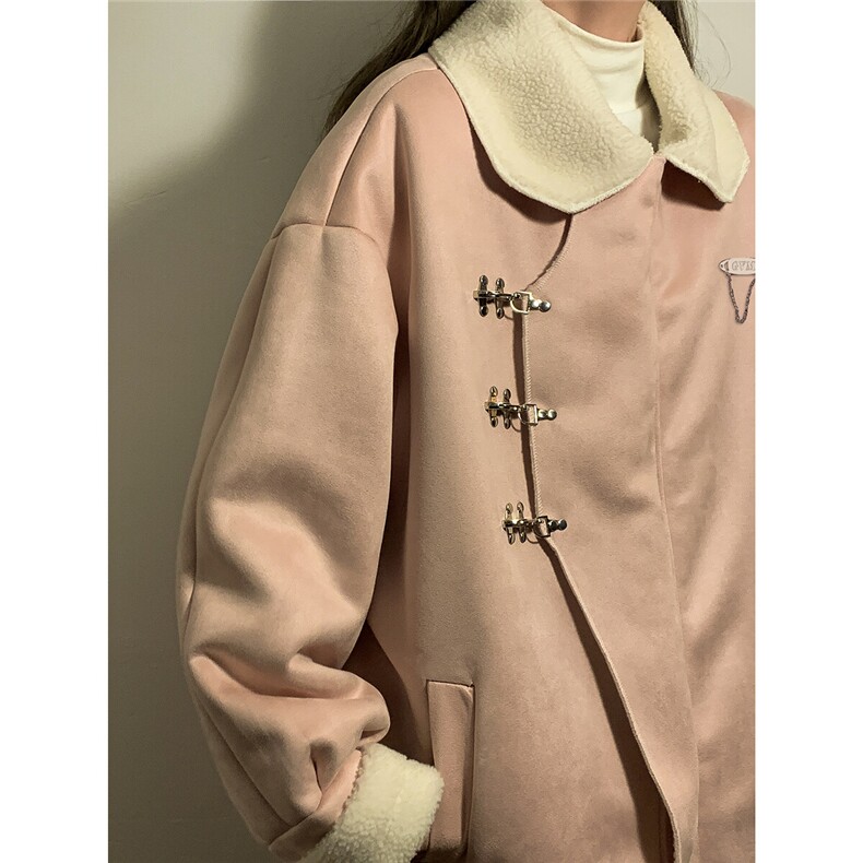 1中性风翻领麂皮绒羊羔毛金属飞机扣设计棉衣男YG77108P135控178，女装棉衣/棉服，星座226-2