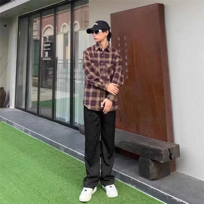1506/QJ010/P54美式复古格子衬衫男女新款衬衣韩版ins百搭上衣潮,男装衬衫,星座1506