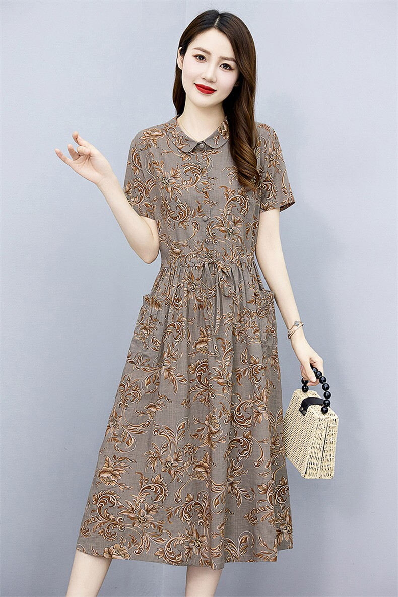 棉麻碎花连衣裙女2025夏季新款收腰显瘦气质妈妈减龄短袖衬衫裙子,女装连衣裙,倪叶myz