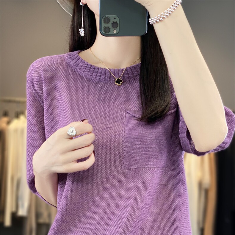 圆领竹节麻针织短袖女夏季新款带兜套头韩版T恤宽松显瘦半袖上衣，女装针织衫/毛衣，大美人包芯纱店