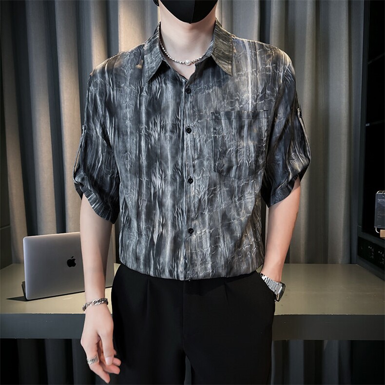 小伙夏季男士七分袖扎染衬衫男休闲宽松衬衣A236-0853-特P35,男装衬衫,电商A236