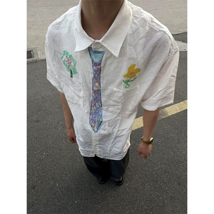 创意趣味蜡笔手绘涂鸦领带短袖衬衫 少年感衬衣夏季新DX9957 P45图片