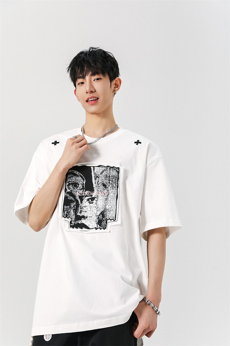 8XL-M美式街头风白色贴布男女情侣上衣短袖T恤半截袖DX330P48,男装T恤,电商D206-1