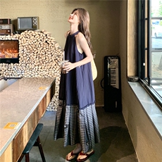 韩系格纹拼接连衣裙女2025夏季新款时尚设计感巨好看绝美吊带长裙，女装连衣裙，2C167
