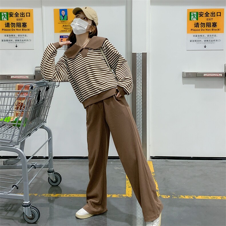 23新品海军领条纹卫衣+休闲阔腿裤两件套,女装运动套装,菡迪欧娜