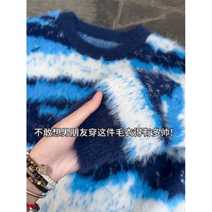 网图蓝色马海毛圣诞毛衣男秋冬高级感撞色针织衫M358-特P65图片