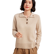 秋冬翻领刺绣刺猬100%羊绒衫女polo宽松时尚套头长袖针织打底上衣，女装羊绒衫，臻维羊绒