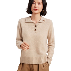 秋冬翻领刺绣刺猬100%羊绒衫女polo宽松时尚套头长袖针织打底上衣图片