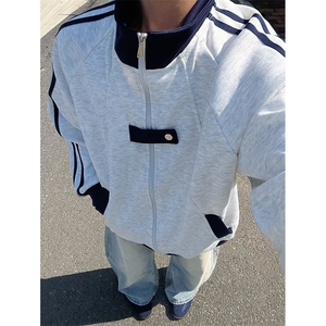 抖音得物品质秋冬美式高街重磅结构拼接织带翻领卫衣夹克外套W113图片
