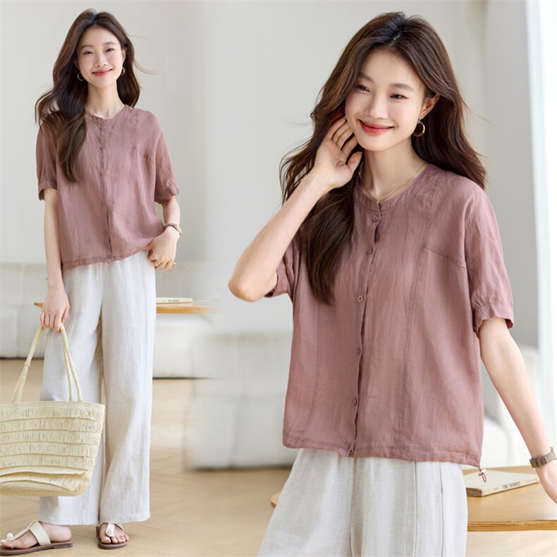 现货2025夏装夏季短袖宽松麻料圆领衬时尚衣，女装衬衫，木子恋