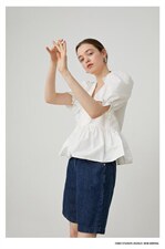 荷叶边V领白衬衫，女装衬衫，喜午