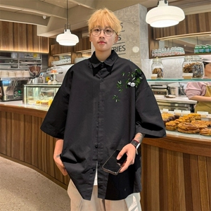 新中式竹子印花衬衫风高级感上衣春夏短袖衬衣宽松慵懒垂感男图片