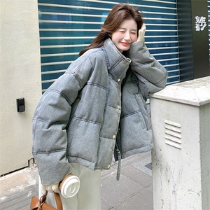 复古牛仔立领羽绒服女2025冬季新款美式学院风休闲百搭白鸭绒外套图片