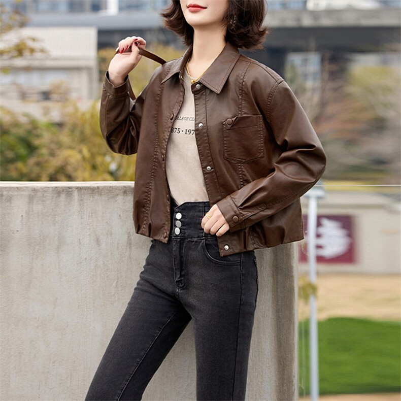 2025春秋季新款皮衣外套女pu皮翻领短款上衣拉链高级感机车服夹克,女装皮衣,美拉德工厂直营店