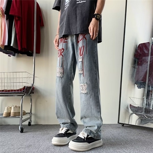 欧美高街裤子潮牌hiphop破洞牛仔裤男痞帅炸街直筒长裤500222-p38