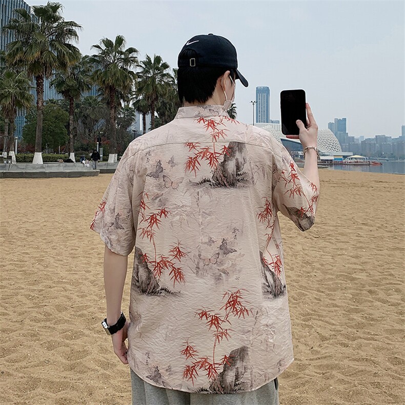新中式风盘扣花纹短袖衬衫男士夏季复古唐装衬衣潮7008P40,男装衬衫,电商A056