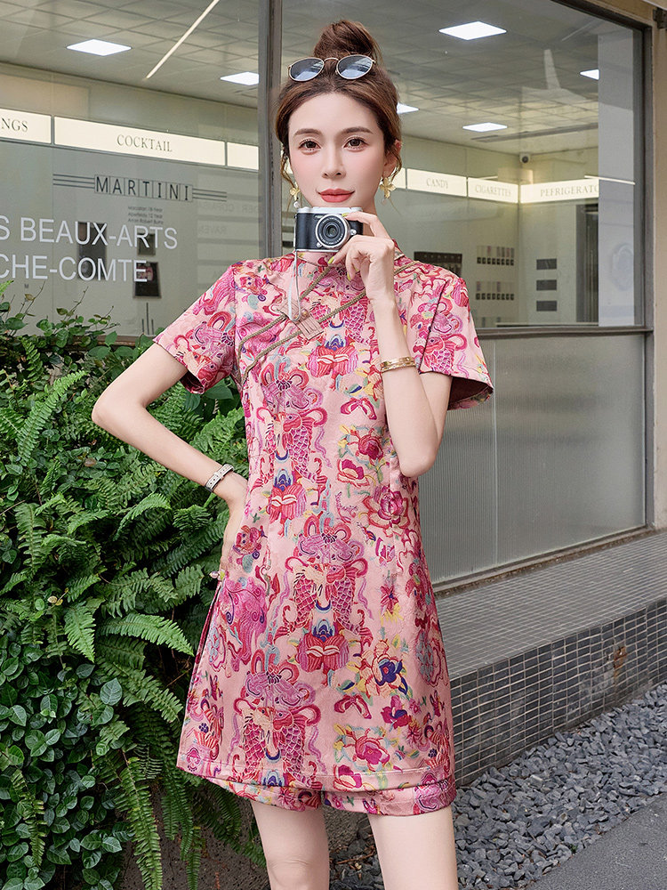 新中式g风连衣裙短裤套装女夏高级感改良旗袍年轻款小个子两件套,女装套装/套裙,众宇琦