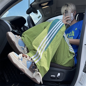 夏款男冰丝褶皱裤三条杠拼色抽绳直筒宽松长裤h606 P40图片