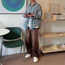 衬衫长袖男生2025春秋季新款美式宽松翻领格子衬衣复古潮流休闲，男装衬衫，星座516A