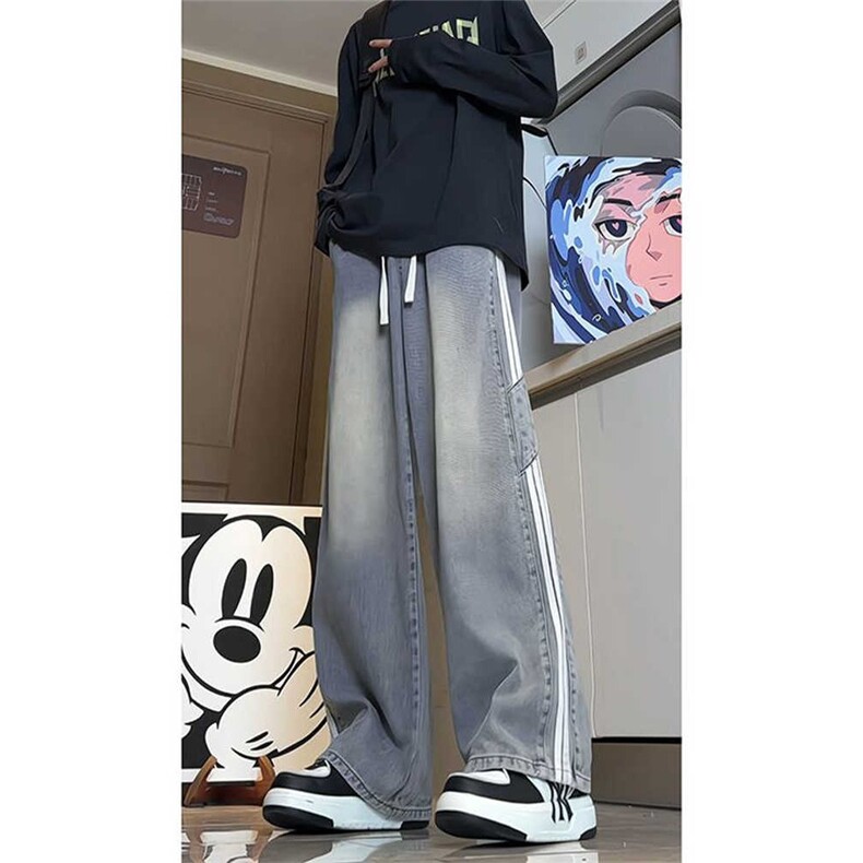 牛仔裤男女款直筒宽松紧腰阔腿裤子潮牌美式复古拖地长裤NZD773,男装牛仔裤,星座516A