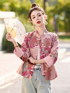 现货新中式短外套女2026春季新款高级感复古盘扣提花粉色唐装上衣图片