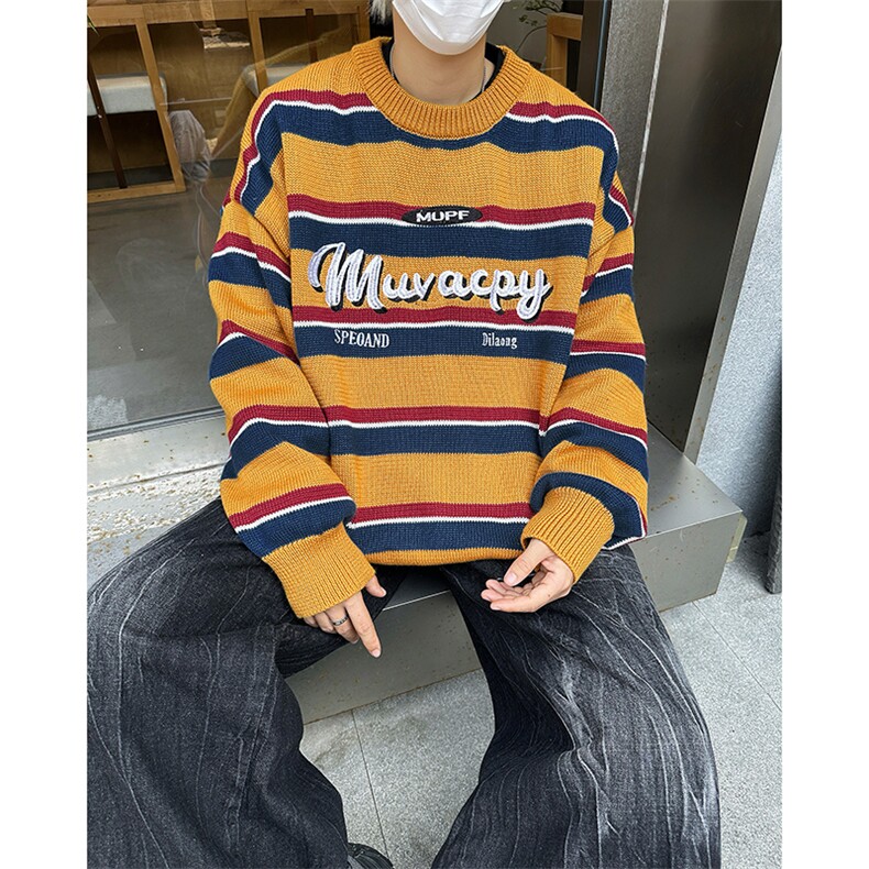 美式复古慵懒风条纹套头毛衣男女秋冬圆领情侣装针织衫MY0986-P60,男装针织衫/毛衣,星座308B-2