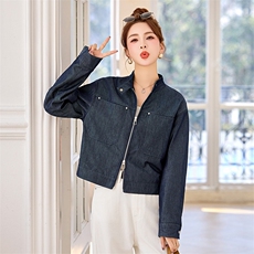 时尚复古蓝色牛仔短款外套女2025春秋新款小个子休闲立领夹克上衣，女装短外套，美沁