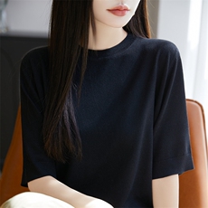 圆领天丝五分袖针织T恤女2025夏宽松正肩中袖薄款打底衫纯色上衣，女装T恤，暖烁羊绒