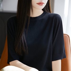 圆领天丝五分袖针织T恤女2025夏宽松正肩中袖薄款打底衫纯色上衣图片