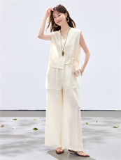 夏季新款现货！2026休闲风阔版拼接小垫肩上衣+松紧腰阔腿裤套装，女装套装/套裙，央宝儿
