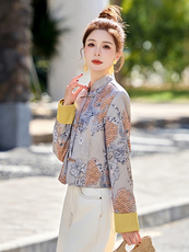 新中式国风印花盘扣外套女2025春新款独特超好看短款气质减龄上衣，女装短外套，韩宇舍
