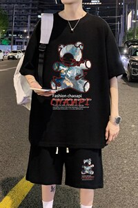 ！直播推荐2024夏季男士小熊印花华夫格短袖套装HTZ21P50图片