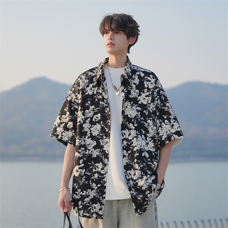 特批P25无差价夏季冰丝顺滑短袖花衬衣男休闲宽松上衣外套CD5471，男装衬衫，电商A001-1