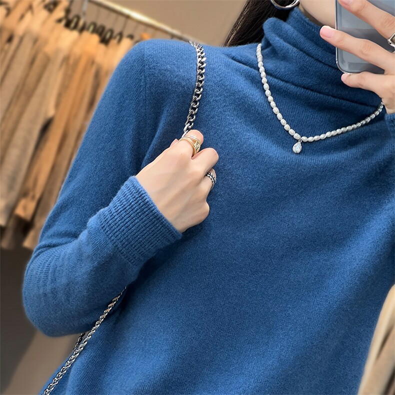 秋冬新款半高领精纺羊毛衫女短款宽松套头针织毛衣显瘦纯色打底衫,女装羊毛衫,佳绒高端店