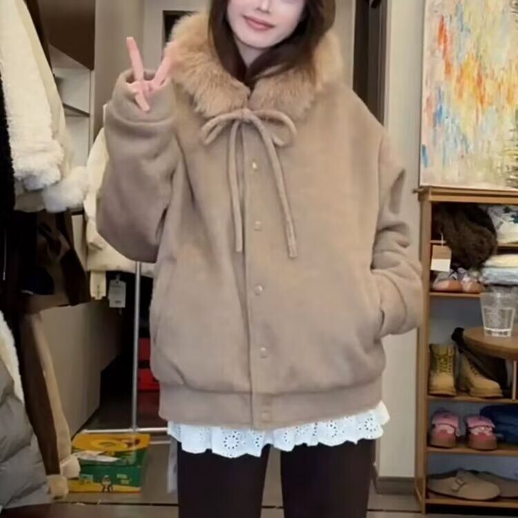潮牌美式复古毛呢连帽女2025秋冬季宽松百搭拉链情侣高级感外套,女装短外套,星座506A