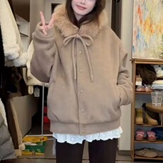潮牌美式复古毛呢连帽女2025秋冬季宽松百搭拉链情侣高级感外套，女装短外套，星座506A