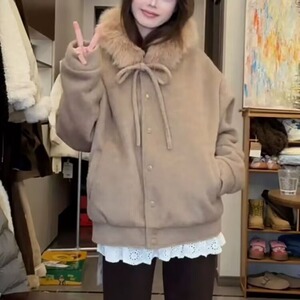 潮牌美式复古毛呢连帽女2025秋冬季宽松百搭拉链情侣高级感外套图片